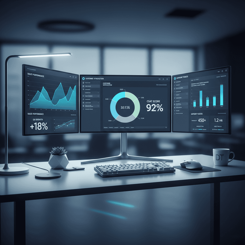 CRM dashboard and analytics on desktop monitors