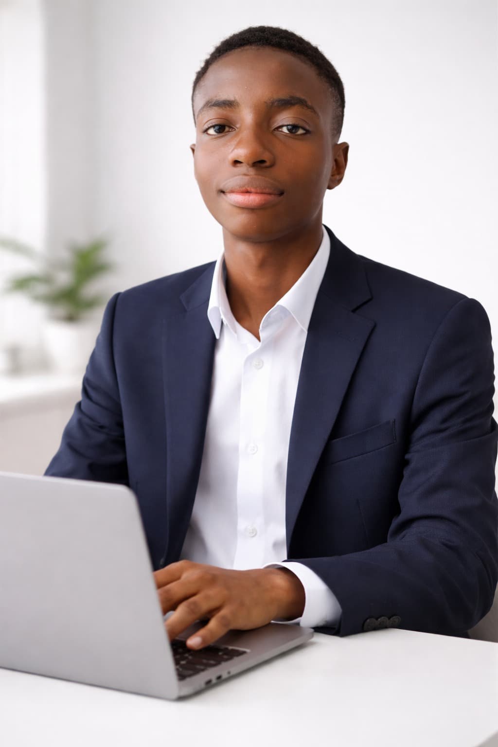 Young Black professional in a navy blazer sitting at a desk using a laptop.